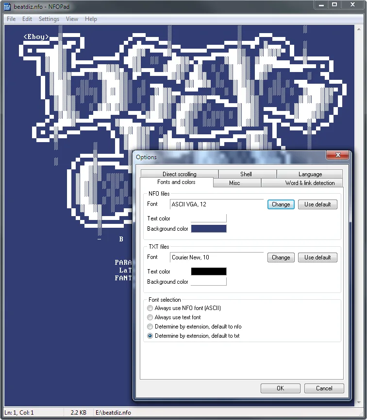 NFOPad displaying NFO ASCII art with the Options dialog open to NFO and TXT font and color settings