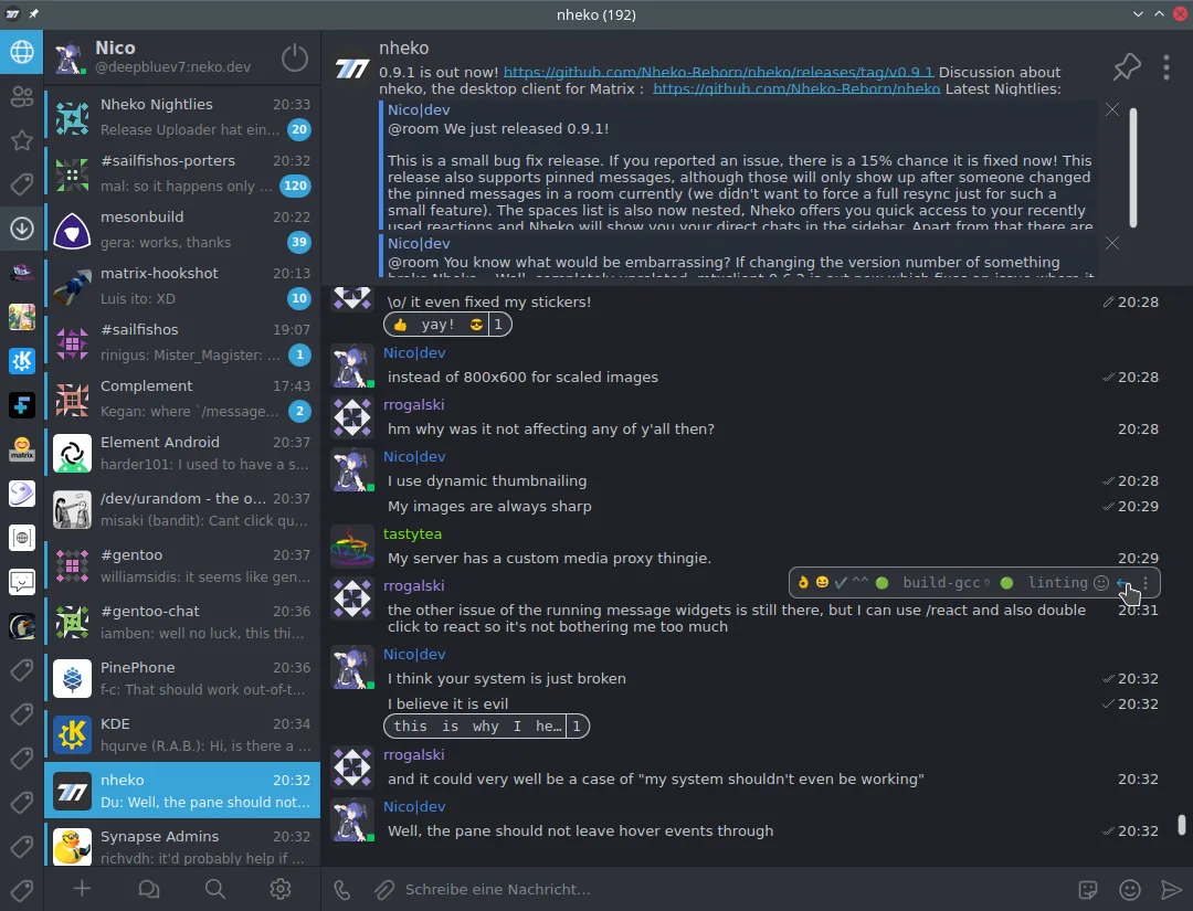 Publisher screenshot of Nheko on Linux, showing a room list, message timeline, reactions and message composer