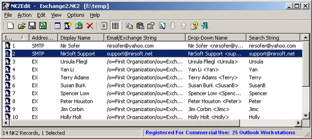 NK2Edit table editor showing Outlook AutoComplete display names, email or Exchange strings, drop-down names and search strings.
