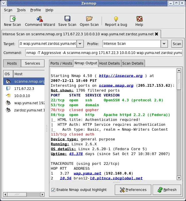 Historical publisher Zenmap screenshot showing the Nmap Output tab, host list and Nmap 4.50 port-scan results; not a current macOS capture