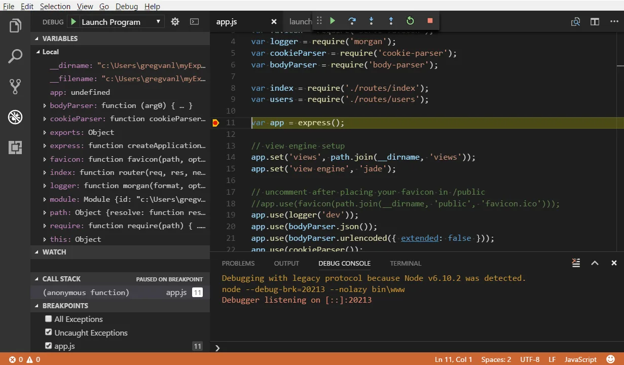 Historical Node.js v6.10.2 debugging session in separate VS Code on Windows, paused at an Express breakpoint; not the linked LTS release