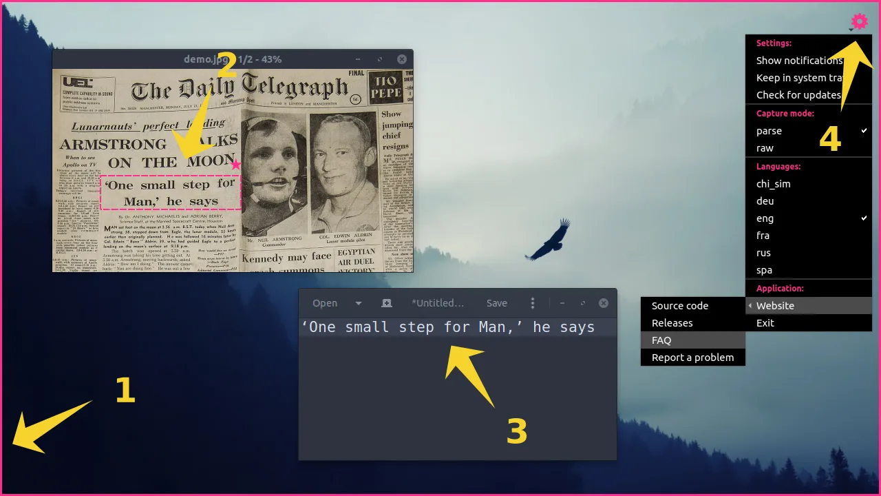 Publisher desktop example of NormCap selecting newspaper text, with OCR output and settings; not a Windows-specific screenshot