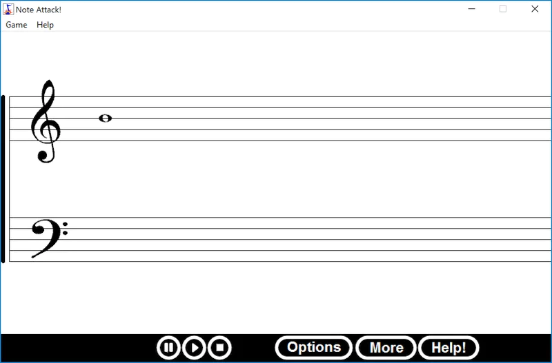 Note Attack game window showing treble and bass staves, a note, playback controls and an Options button.
