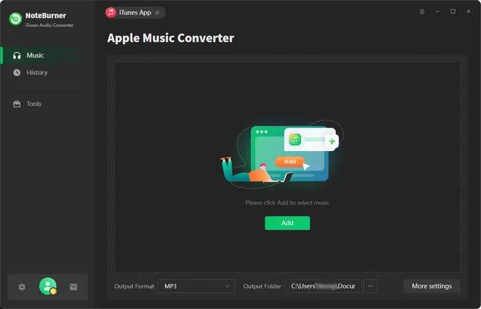 NoteBurner iTunes Audio Converter on Windows showing the Apple Music Converter Add screen, Music and History navigation, and MP3 output settings.