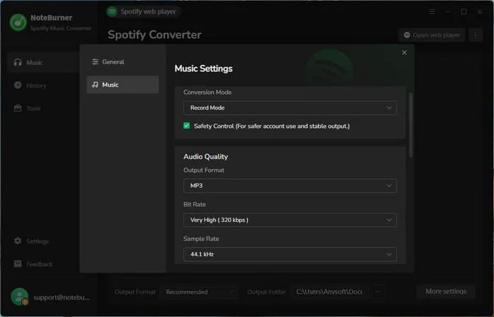 NoteBurner Spotify Music Converter for Windows showing Music Settings, Record Mode, MP3 output, bit rate and sample rate controls