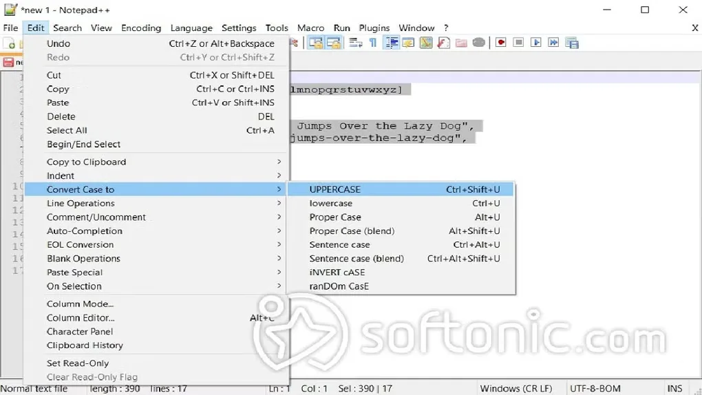 Notepad++ on Windows with the Edit menu and Convert Case to submenu open over selected text.