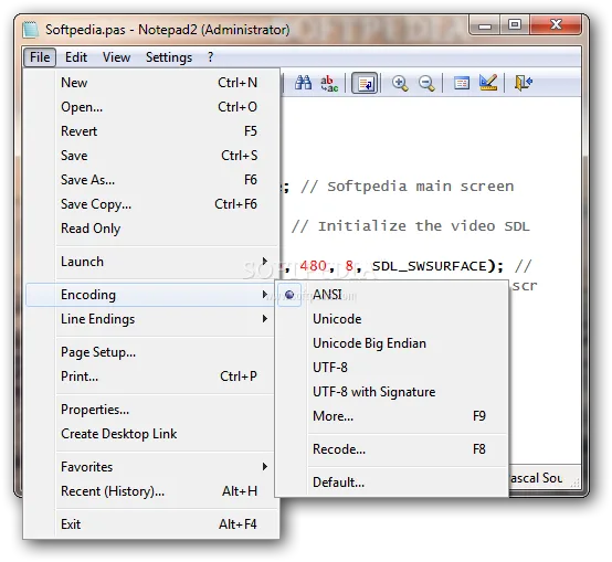 Notepad2 editing Softpedia.pas with the File menu and Encoding submenu open, showing Unicode and UTF-8 options.