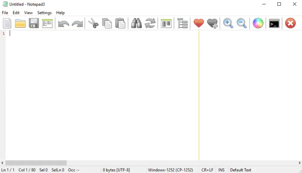 Notepad3 on Windows with an untitled blank document, editing toolbar, line-number gutter and encoding status bar.
