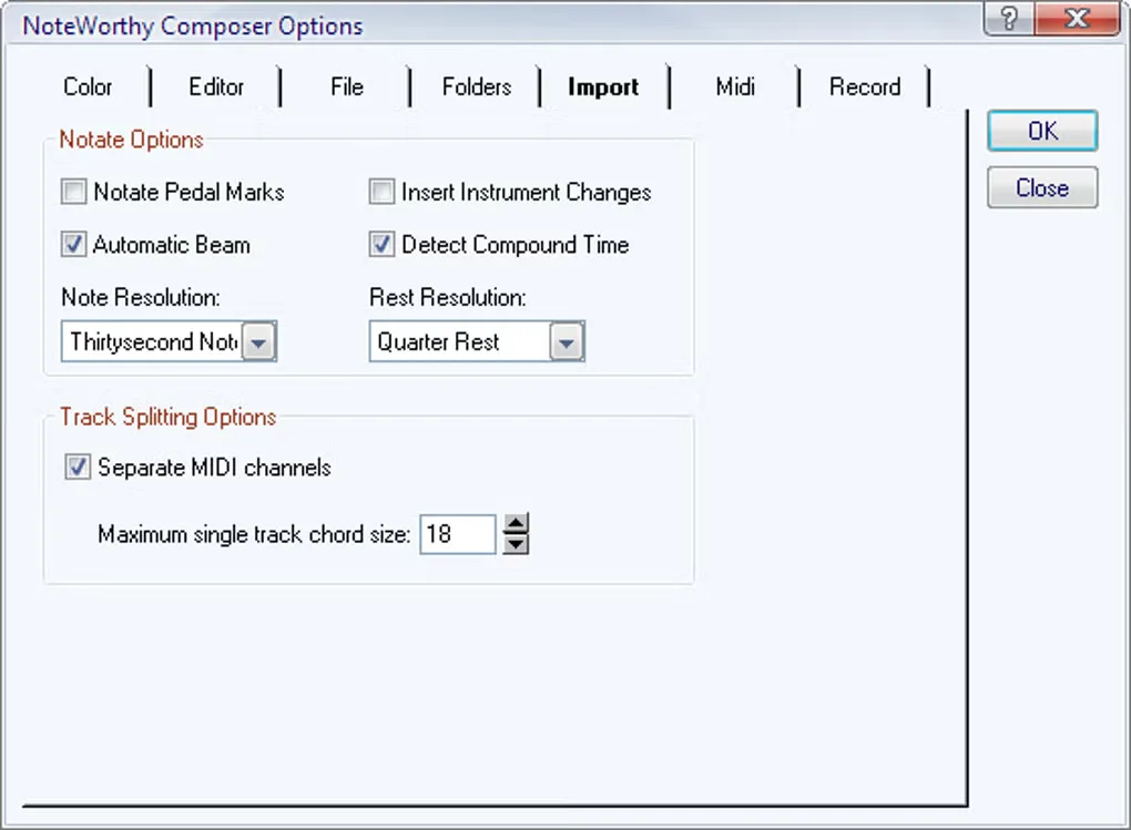 NoteWorthy Composer Options dialog with the Import tab, notation settings and MIDI track splitting options.