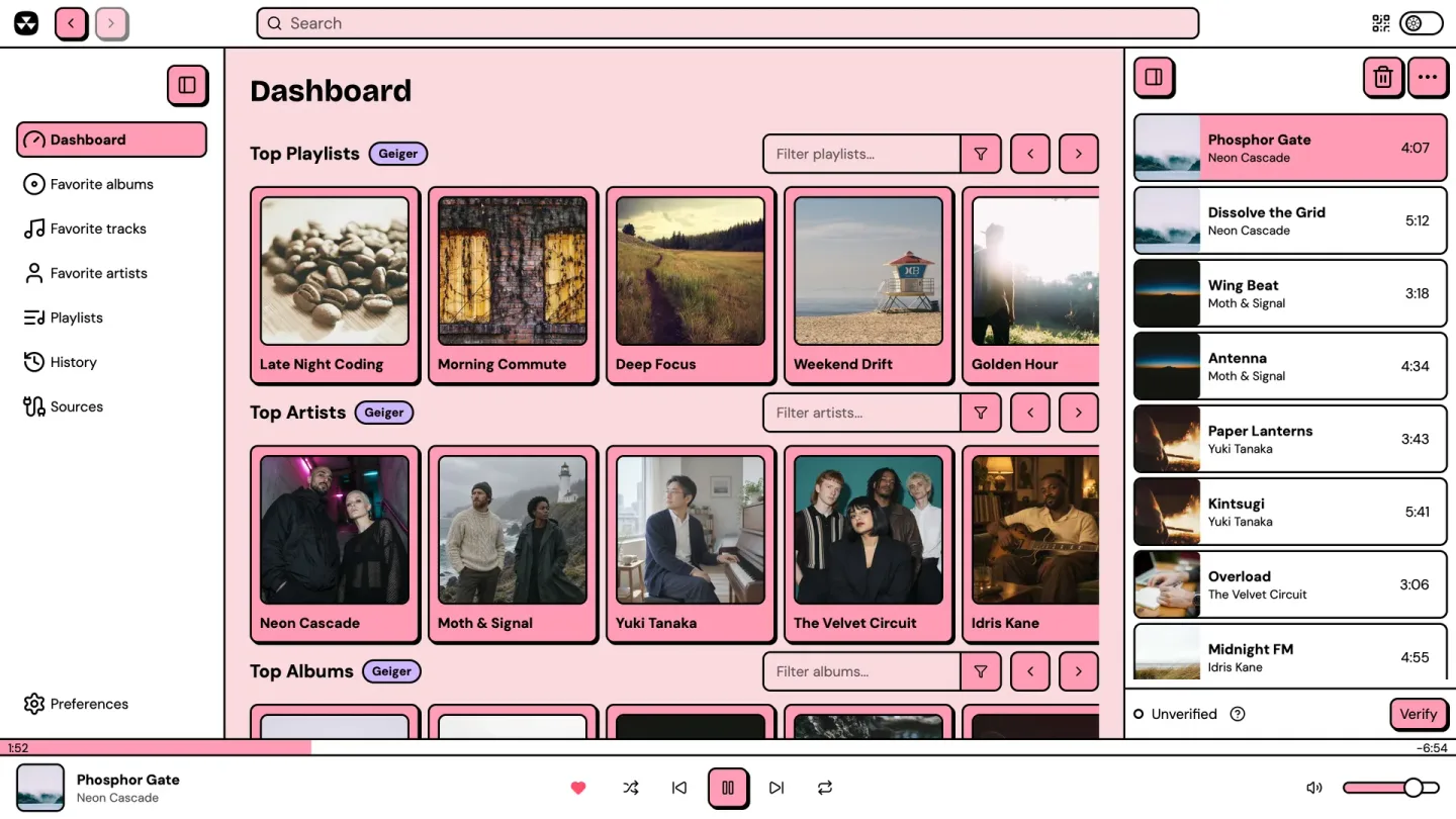 Nuclear Music Player dashboard with playlist and artist cards, a track queue and playback controls in a pink light theme