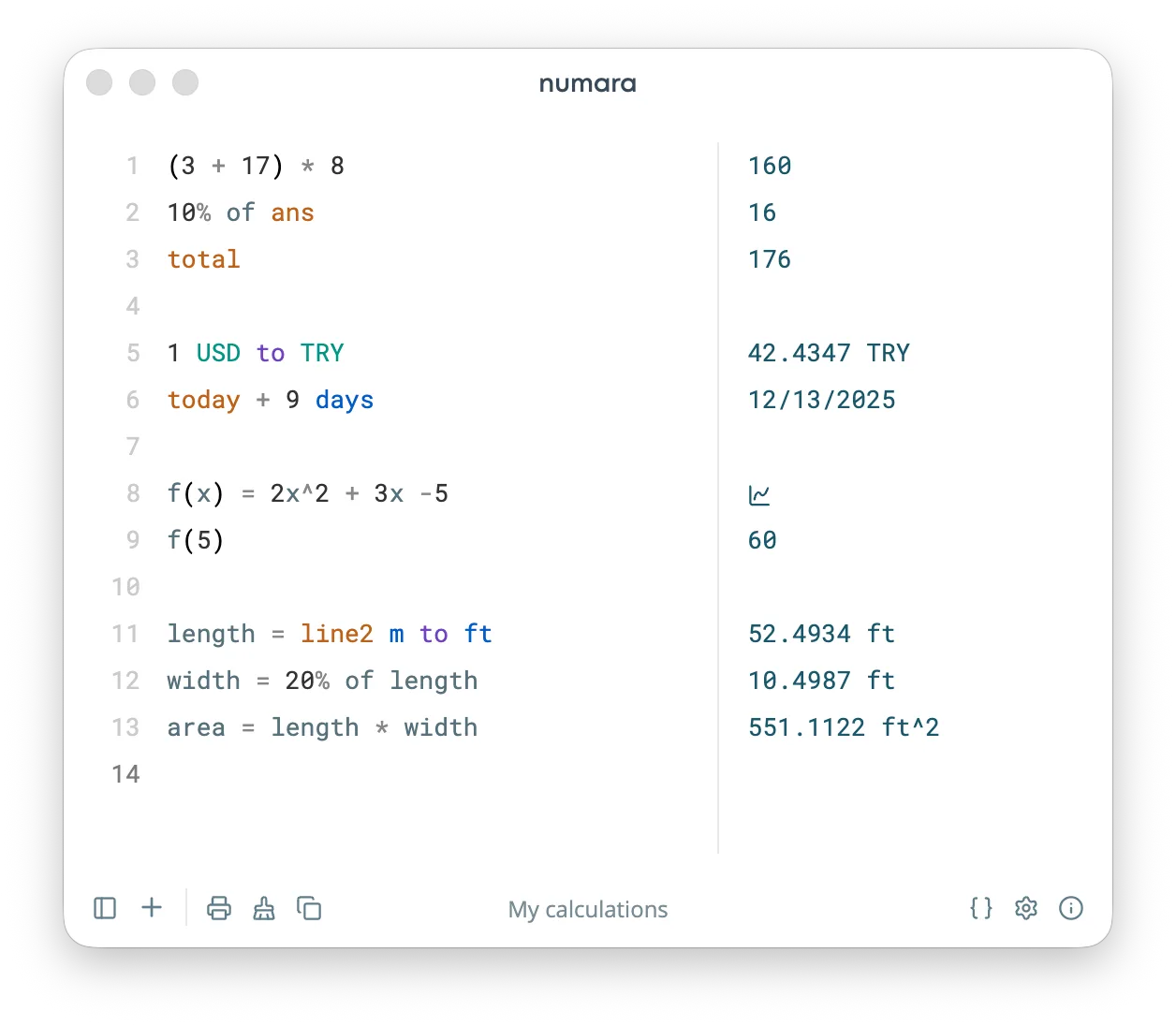 Numara desktop calculator with expressions, percentages, unit conversions and results; publisher image with macOS-style window controls.