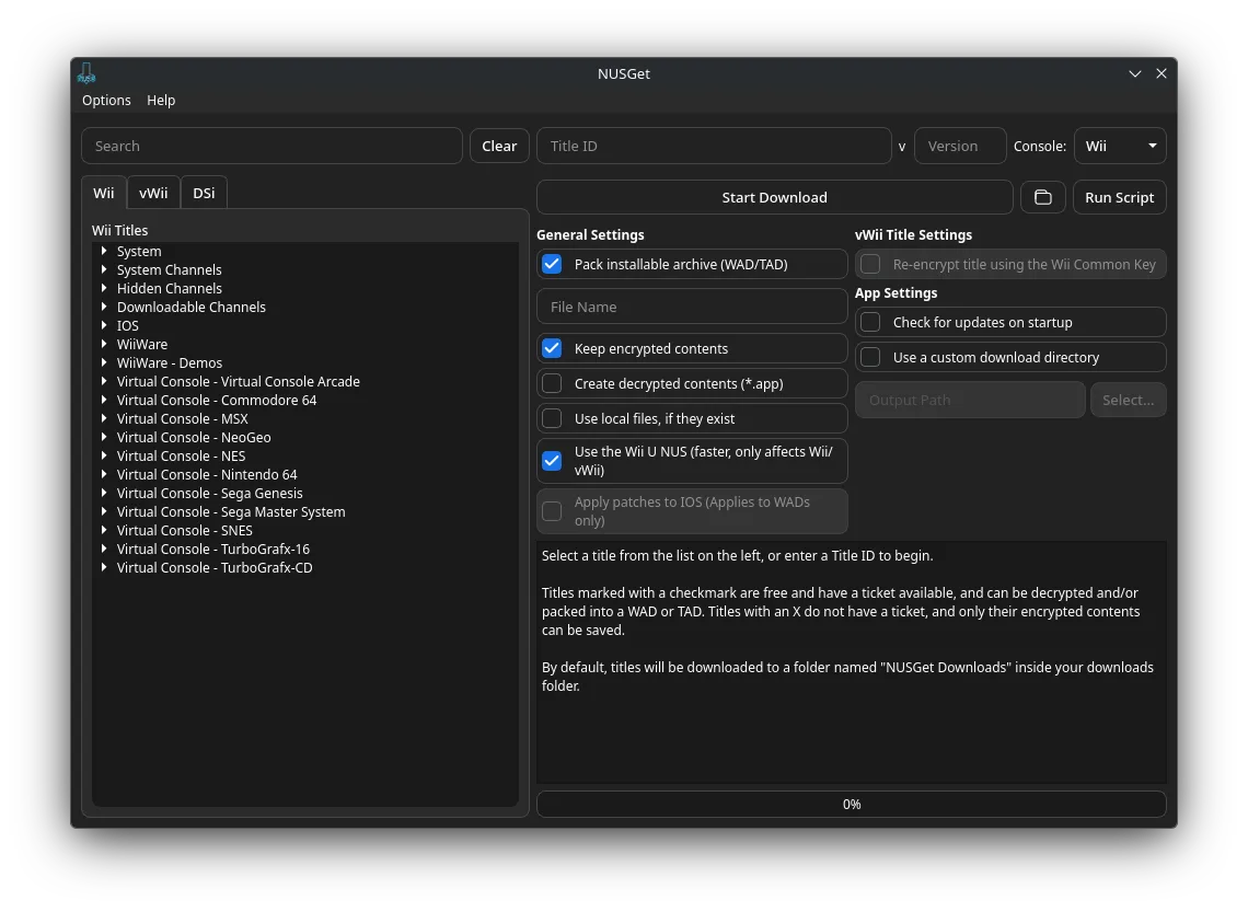 Publisher Linux screenshot of NUSGet showing Wii, vWii and DSi tabs, title selection, and archive output settings.