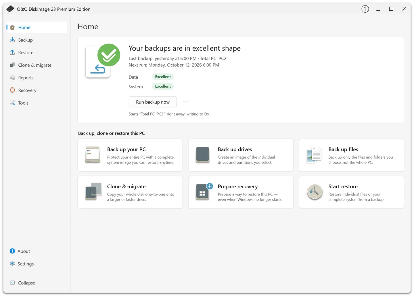 O&O DiskImage 23 Premium Home screen showing backup status and actions for PC, drive and file backups, cloning, recovery and restore.