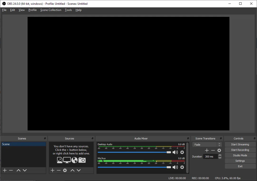 OBS Studio 24.0.0 on Windows 10 (2019): illustrative older interface, not the linked 33.0.0 release.