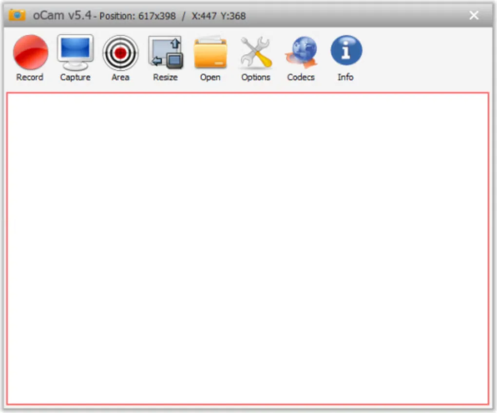 Historical oCam v5.4 window with Record, Capture, Area, Resize, Open, Options, Codecs and Info toolbar buttons