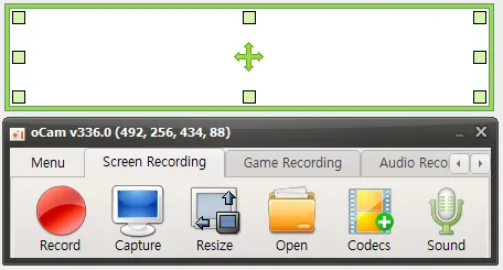 Publisher screenshot of oCam v336.0 with a green recording region and screen, game and audio recording controls
