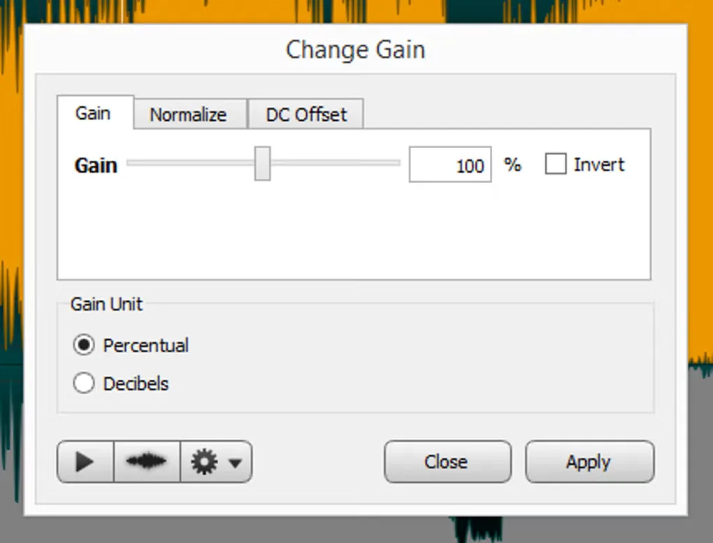 ocenaudio Change Gain dialog with Gain, Normalize and DC Offset tabs over an audio waveform