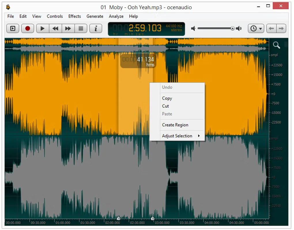 Older ocenaudio Windows interface with a stereo waveform, selected passage and editing context menu