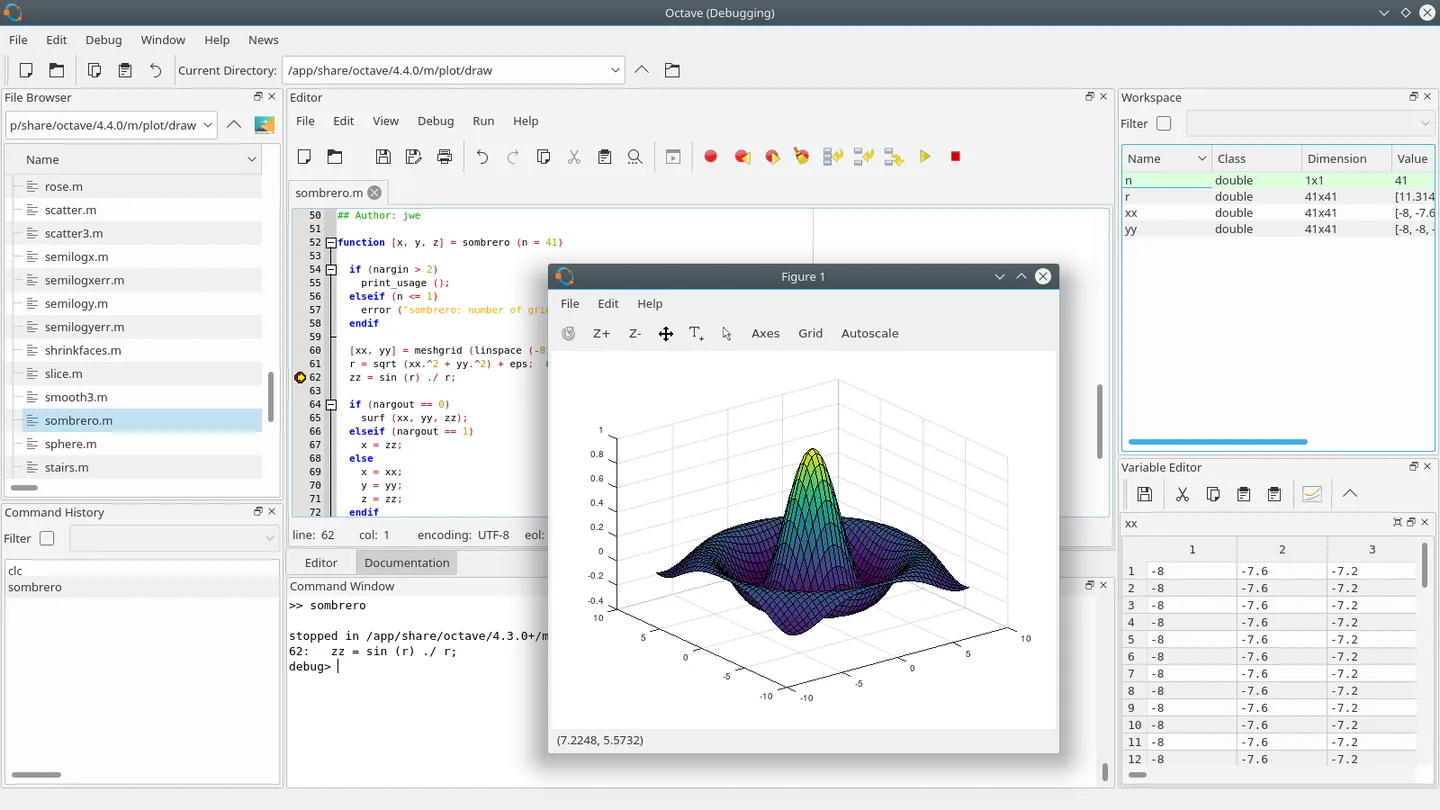 Historical GNU Octave 4.4.0 GUI on a Linux-style desktop, with code editor, workspace and a 3D surface plot; not the current Windows release.