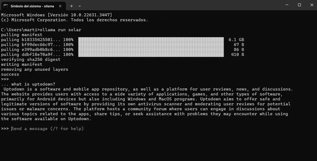 Ollama in a Windows terminal, showing a Solar model download and a text conversation.