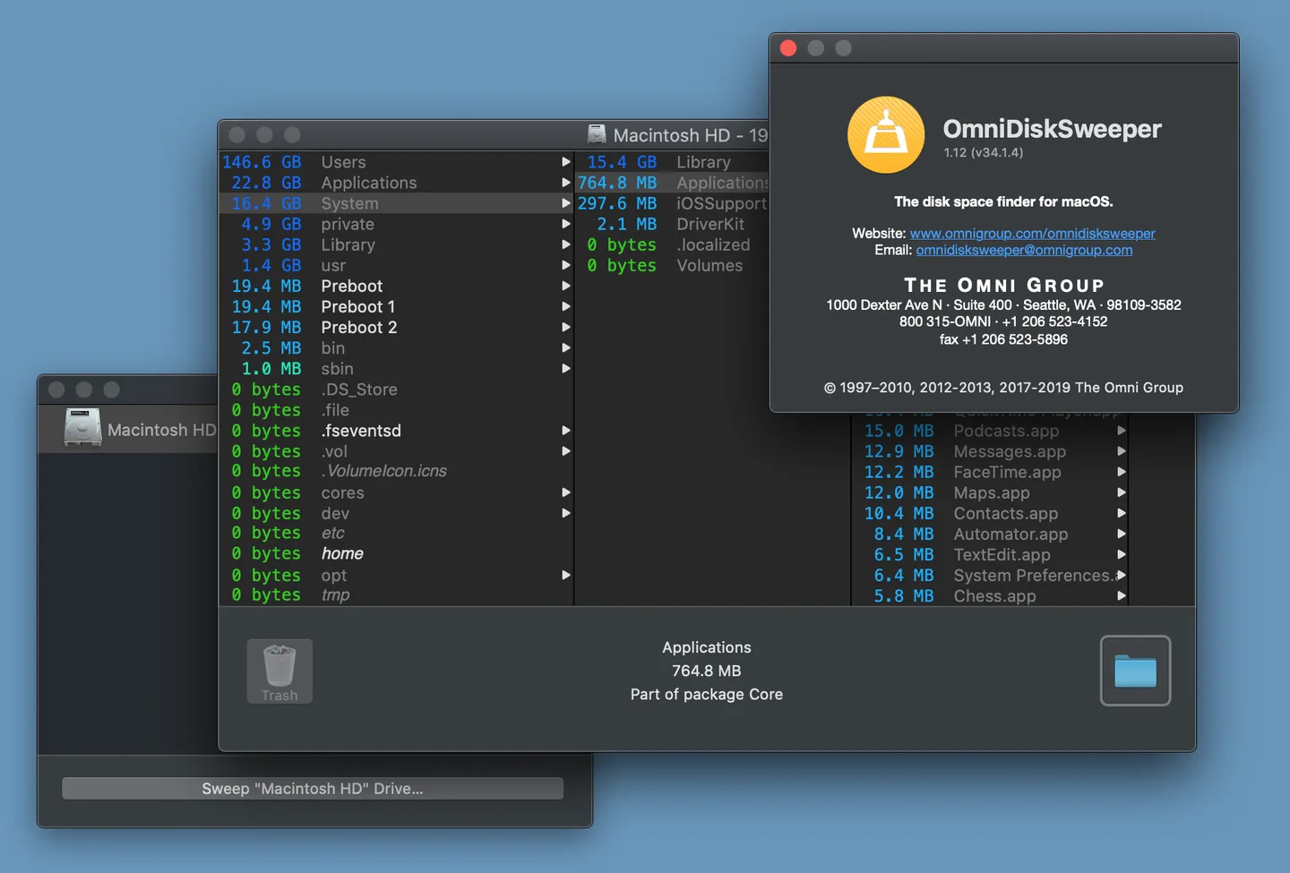 OmniDiskSweeper 1.12 in Dark Mode: size-ranked folder columns, Trash control and About panel in the publisher's 2019 screenshot.