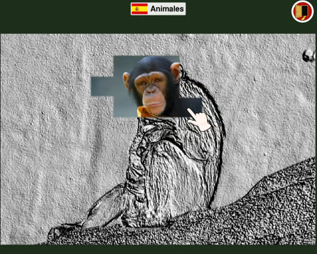 Omnitux animal-picture puzzle with a chimpanzee image, Spanish Animals heading and an exit button.