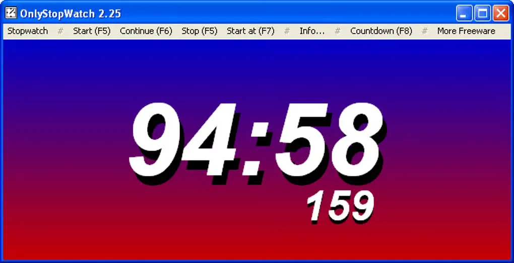 OnlyStopWatch 2.25 on Windows showing a large elapsed-time display, milliseconds and stopwatch/countdown menu controls