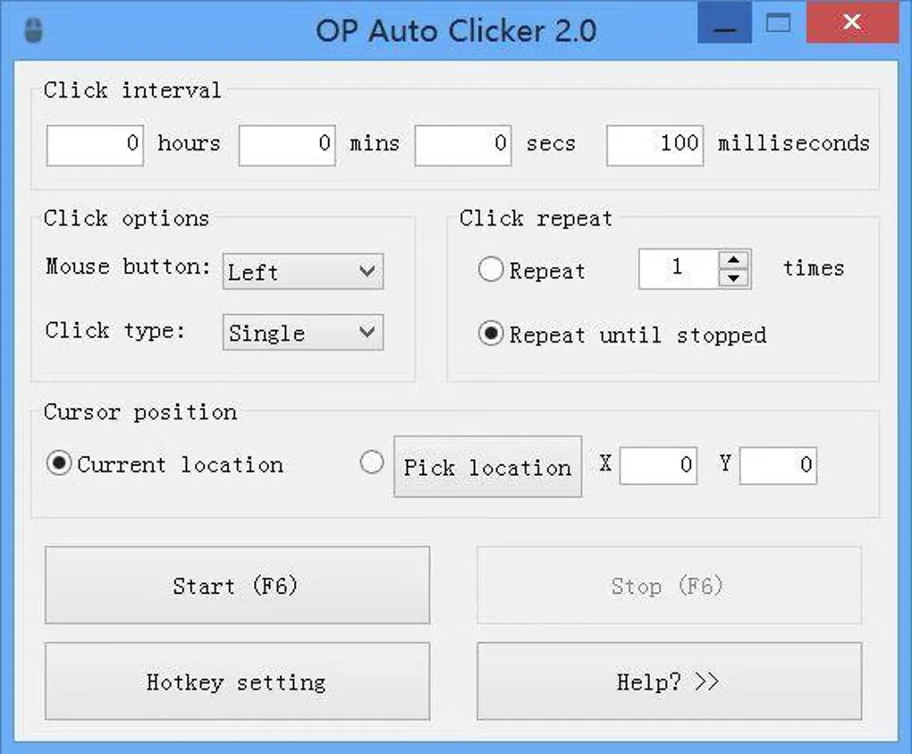 OP Auto Clicker 2.0 Windows interface showing click interval, mouse-button options, repeat controls and cursor position; historical source screenshot.