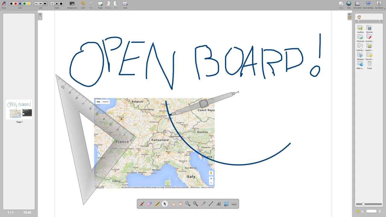 Historical OpenBoard 1.3.1 whiteboard with handwritten notes, geometry tools, page thumbnail and resource library.
