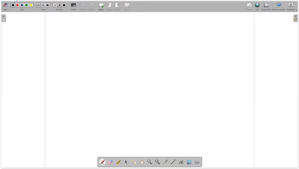 OpenBoard whiteboard canvas with color and stroke controls, top toolbar and floating drawing palette