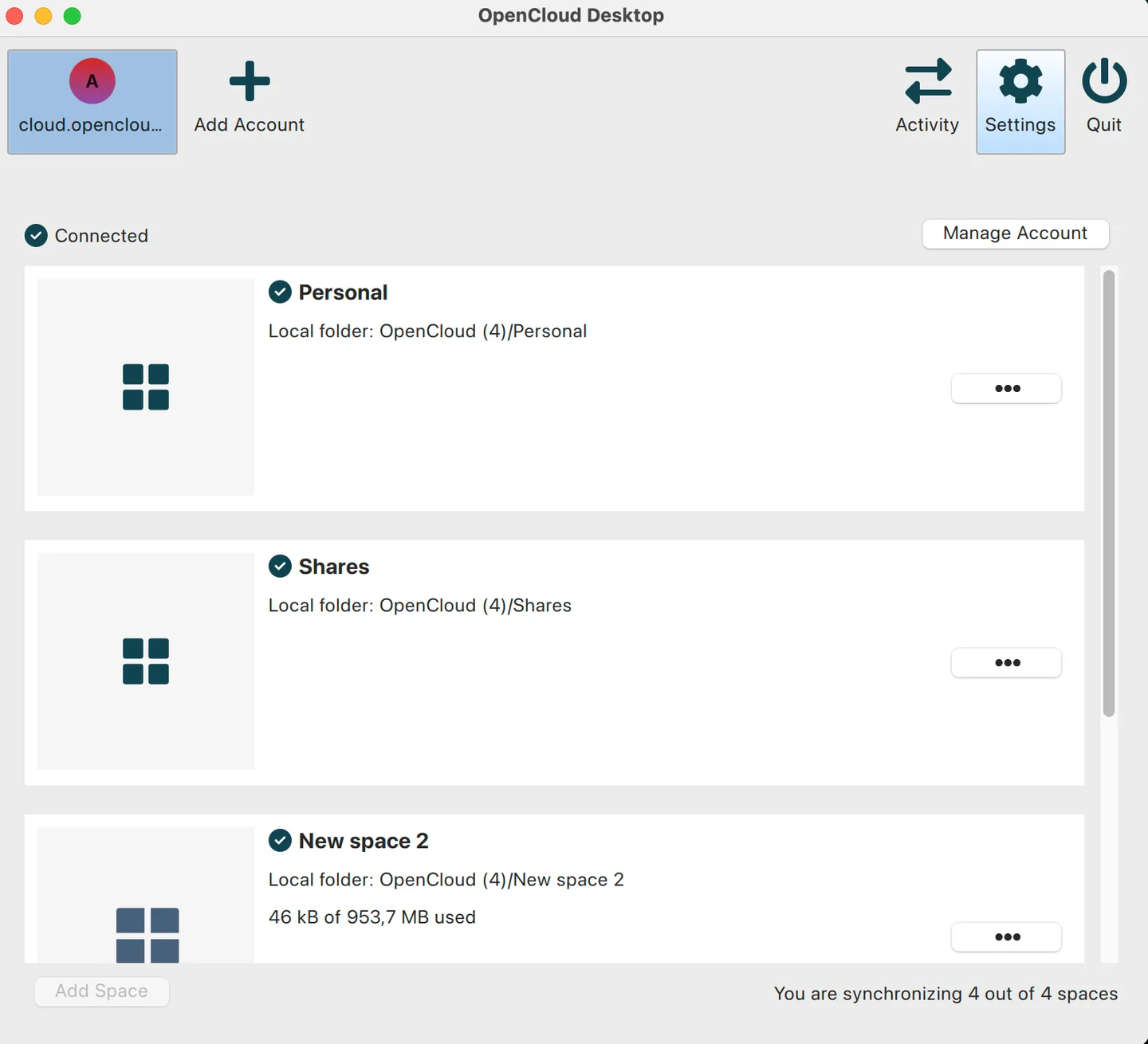 OpenCloud Desktop on macOS showing a connected account, synchronized Personal and Shares spaces, local folder paths and account controls.