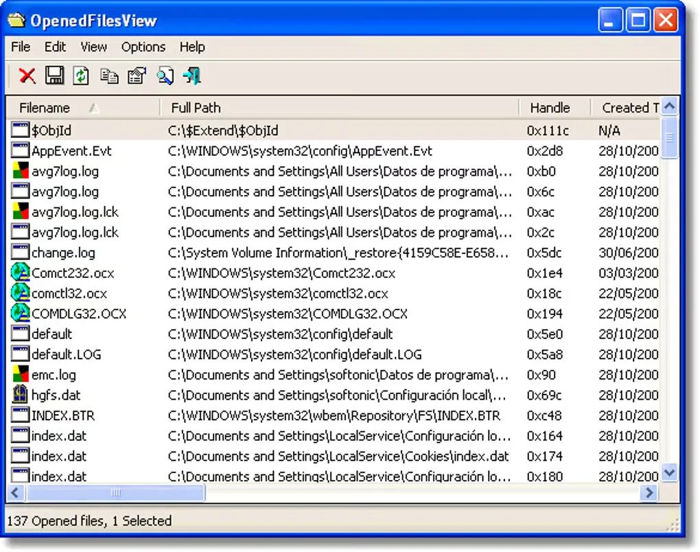 Historical OpenedFilesView main window listing filenames, full paths and file handles on Windows.