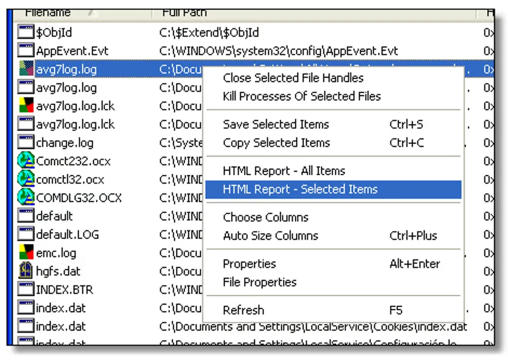 Historical OpenedFilesView file list with a context menu for closing handles, saving items and creating HTML reports.