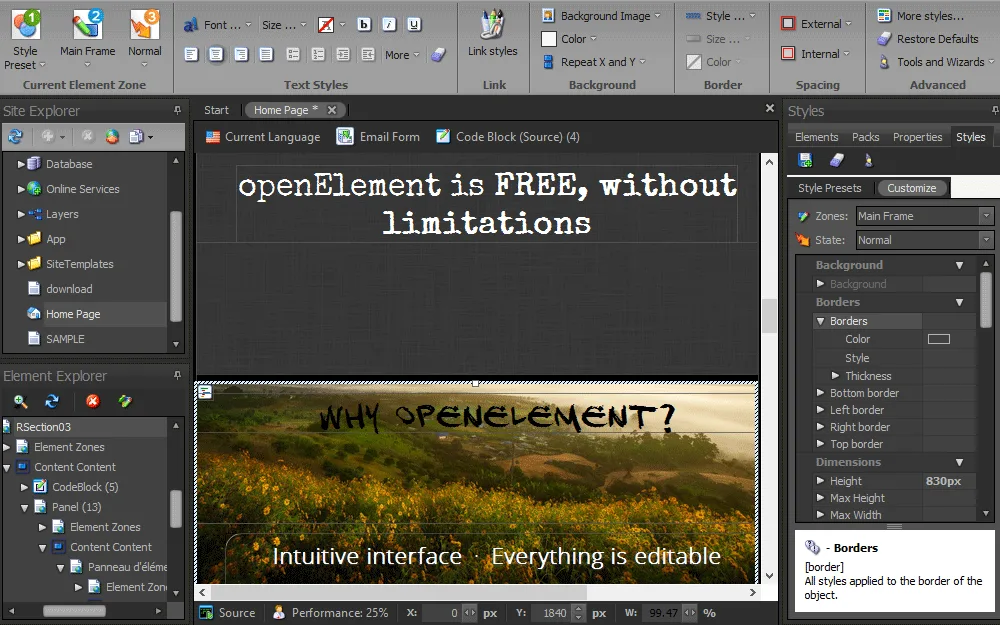 openElement website editor with a page canvas, Site Explorer and CSS border controls in the Styles panel
