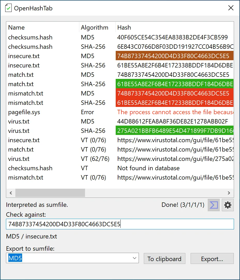 OpenHashTab window showing MD5 and SHA-256 checksums, colored comparison results, a Check against field and checksum export controls