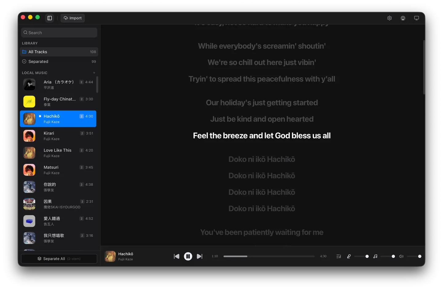 Publisher’s macOS demo of OpenKara showing the music library, synchronized lyrics and playback controls.