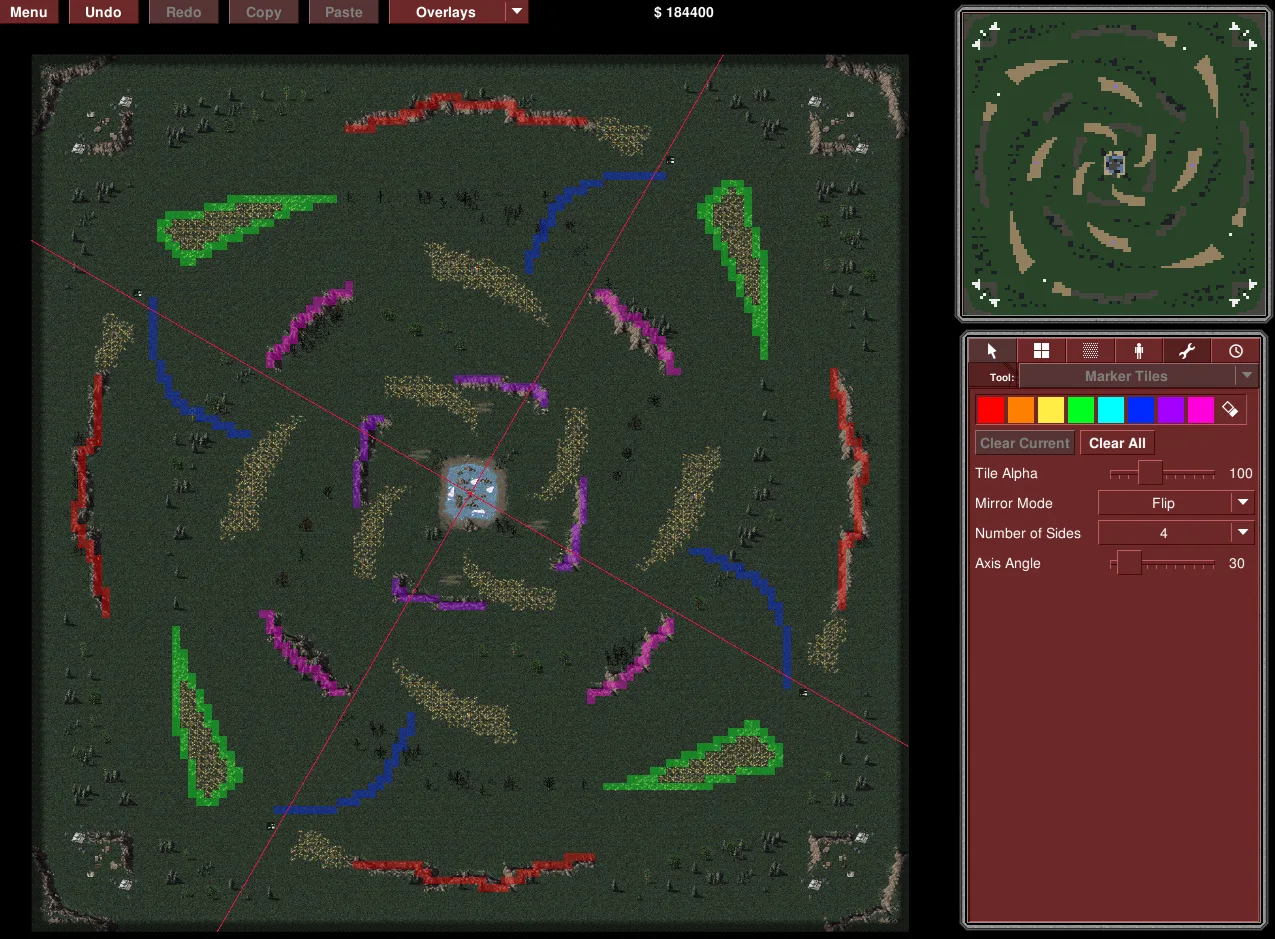 OpenRA map editor showing a terrain map with colored marker overlays, a minimap and editing controls.