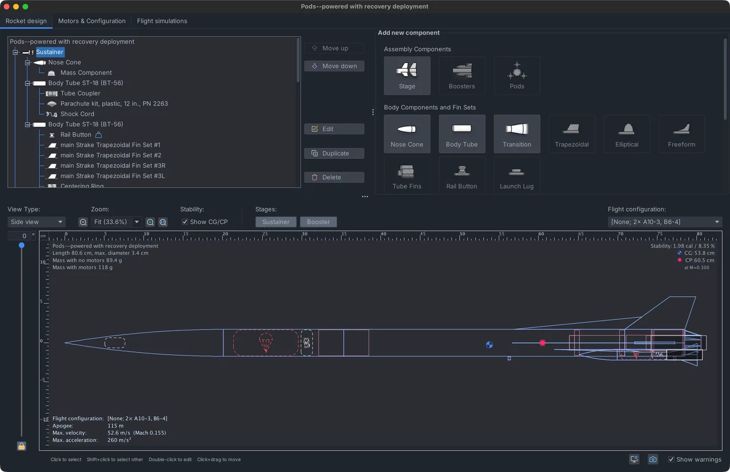 OpenRocket on macOS showing the component tree, part palette and 2D rocket design with center-of-gravity and center-of-pressure markers