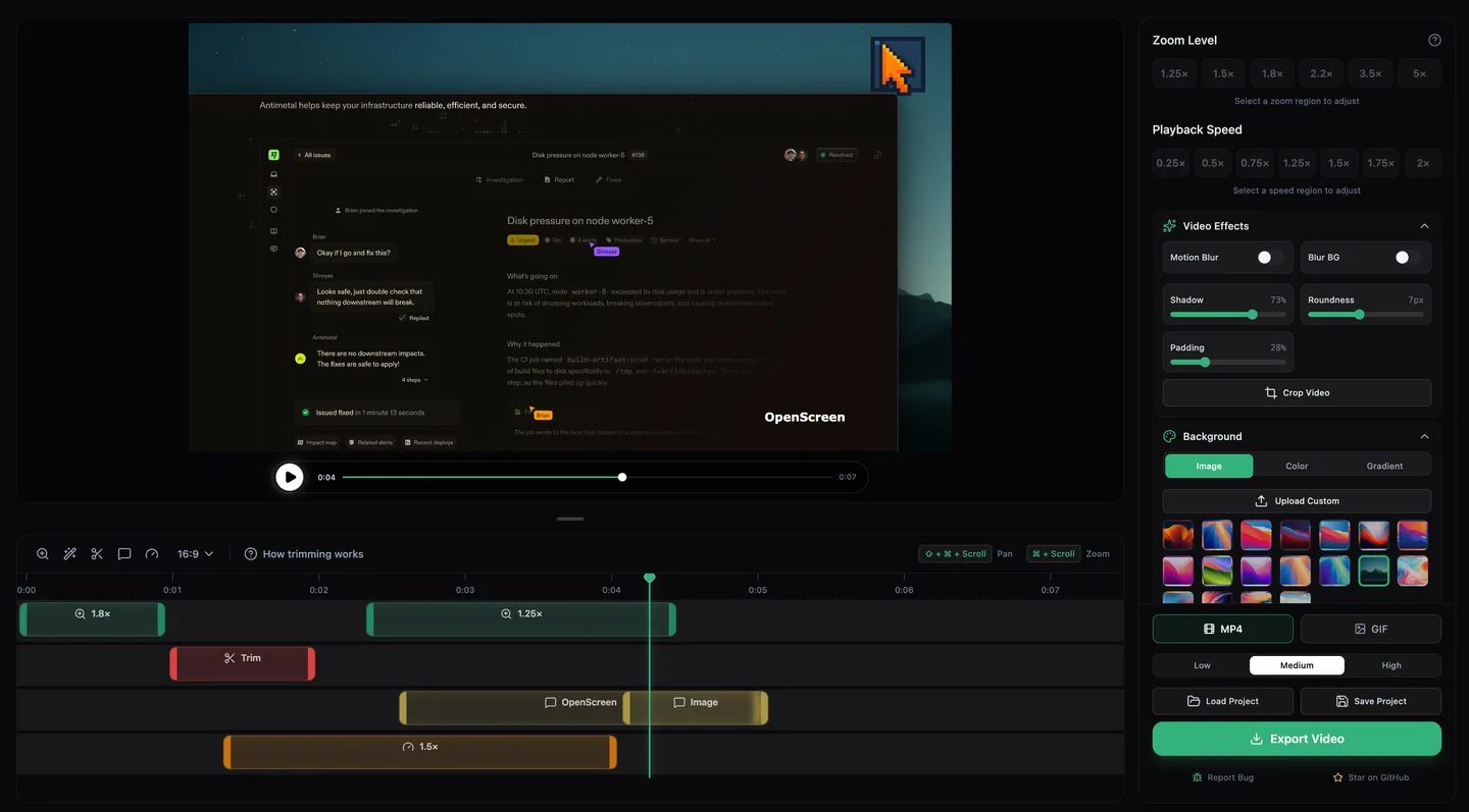 Publisher screenshot of OpenScreen's editor with video preview, zoom and trim timeline, effects controls and MP4/GIF export; layout may differ by release.