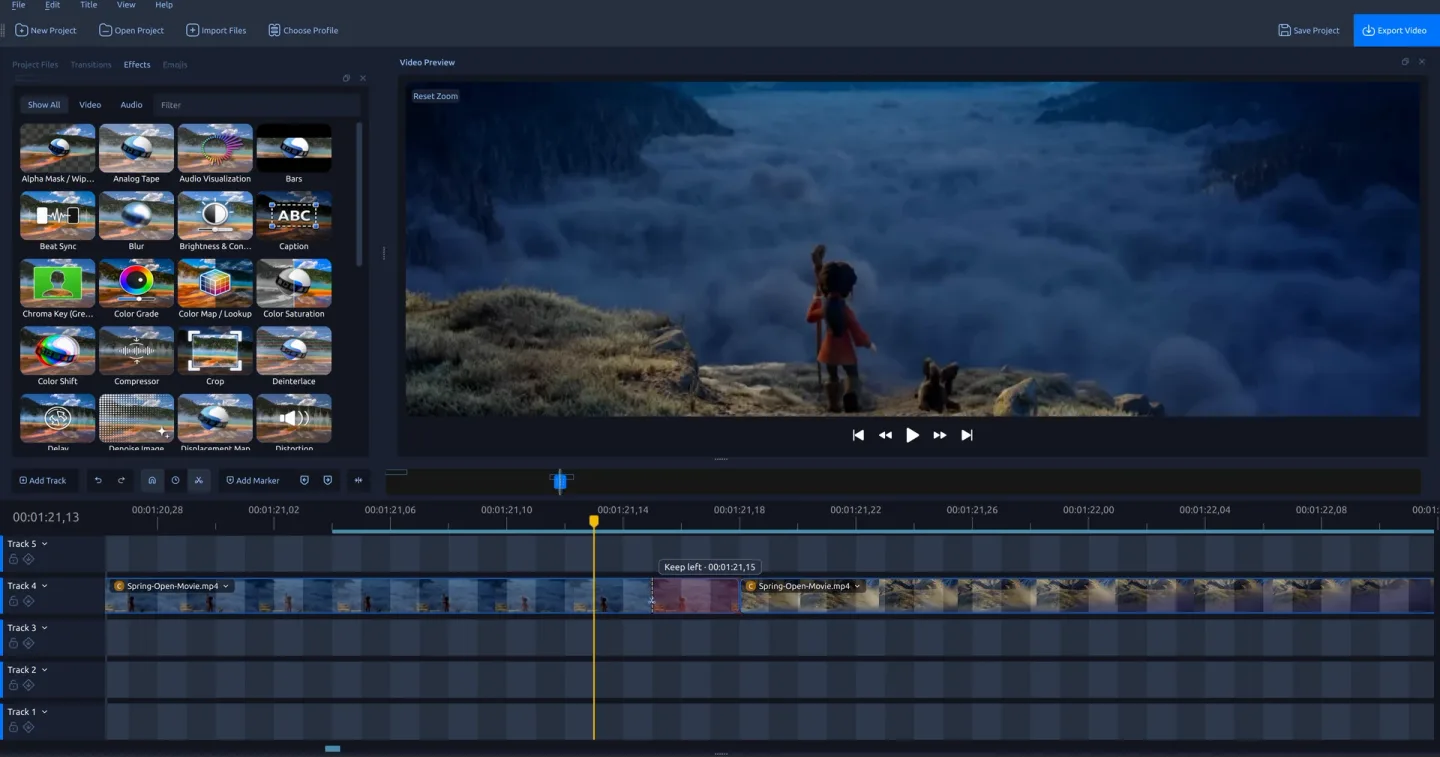 Publisher demonstration of OpenShot 4.0.1 with effects, a Spring film preview, and a Razor cut guide on the multitrack timeline; OS unspecified.
