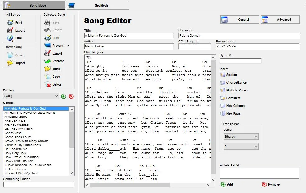 OpenSong Song Editor with a song library, chord and lyric text, song metadata and transpose controls.
