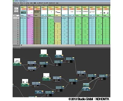 Legacy publisher illustration of OpenToonz's colored Xsheet columns above a connected effects-node schematic; not a macOS 1.8 capture