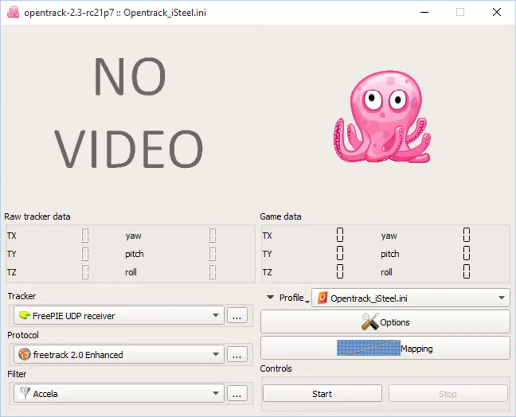 Historical opentrack 2.3-era Windows main window with tracker, protocol, filter, mapping and raw/game data controls