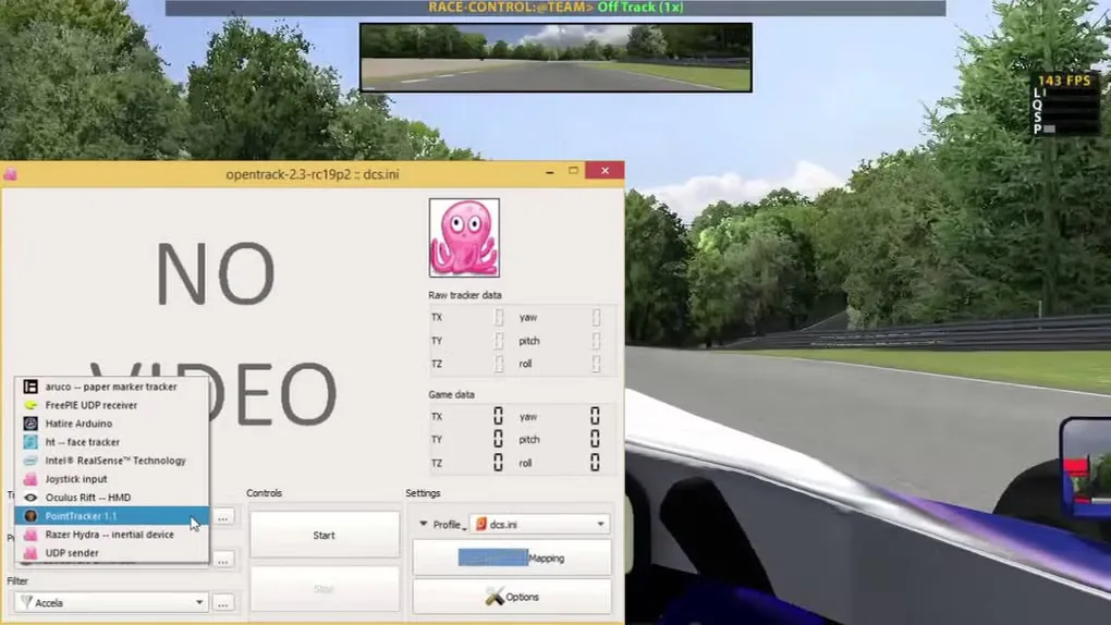 Historical opentrack 2.3-era Windows tracking window over a racing game, with the input tracker menu open