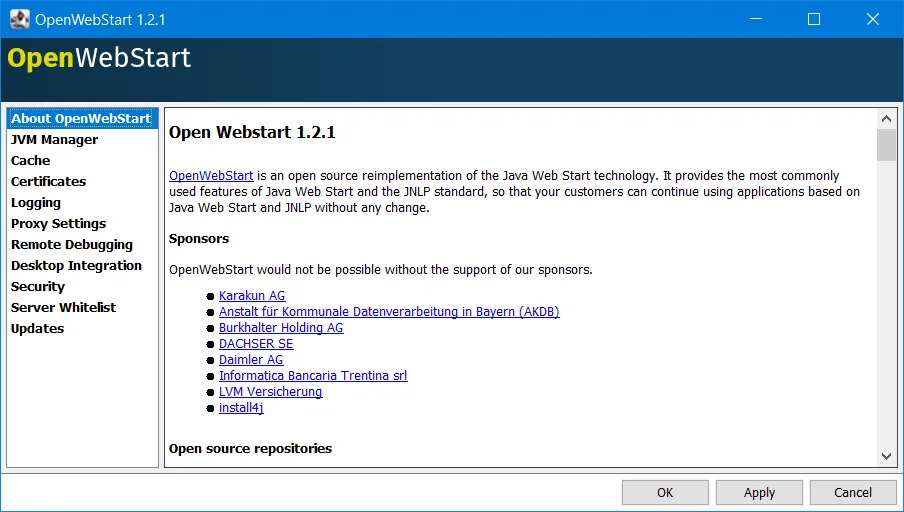 Publisher documentation screenshot of OpenWebStart 1.2.1 Settings on Windows, with About selected and JVM Manager, Cache and Proxy Settings in the sidebar.