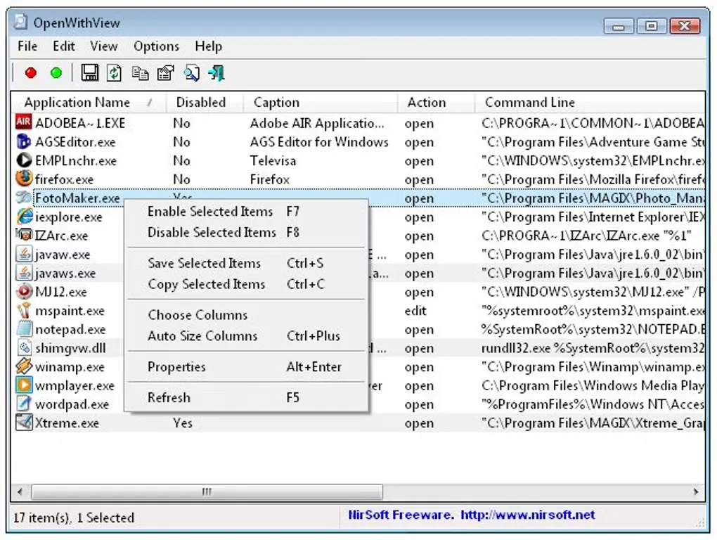 OpenWithView on Windows showing application entries and a context menu with Enable Selected Items (F7) and Disable Selected Items (F8).
