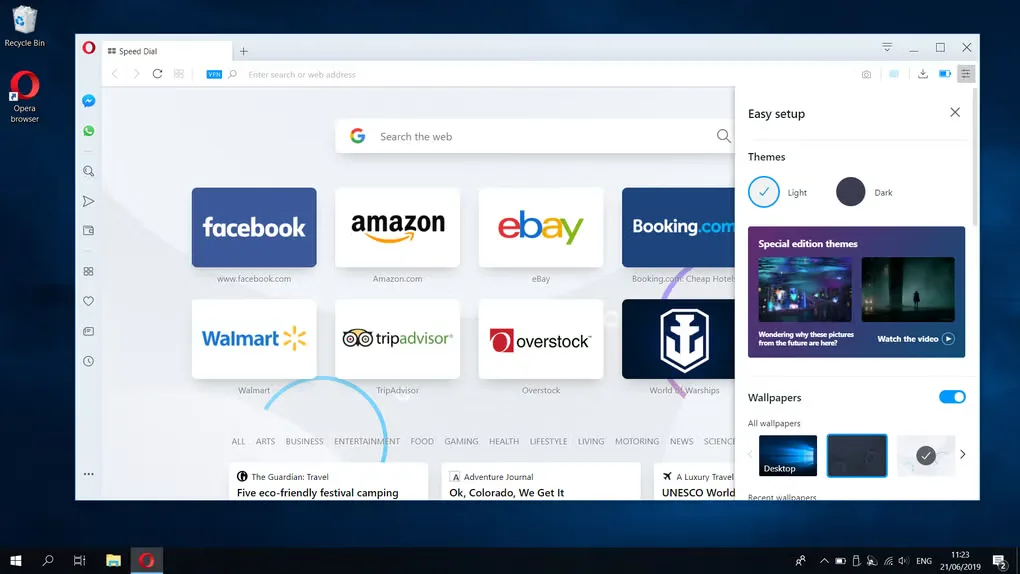 Older Opera Browser on Windows showing Speed Dial tiles, the sidebar and the Easy setup theme panel.