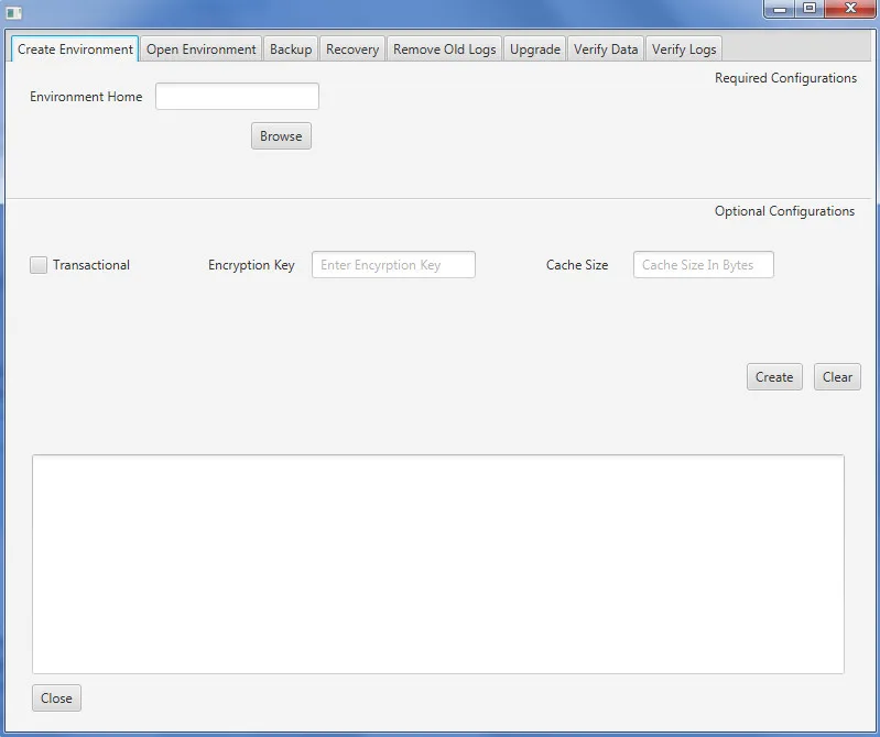 Oracle Berkeley DB GUI on Windows showing Create Environment, environment home, transactional and cache-size controls