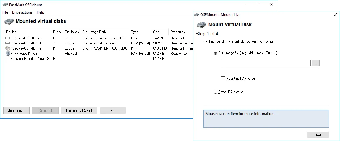 OSFMount mounted virtual disks list beside the Mount Virtual Disk wizard, showing disk-image and empty RAM-drive options.