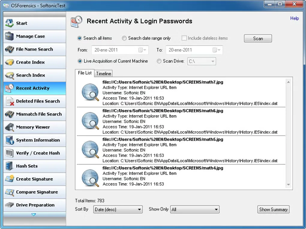 Legacy OSForensics Windows interface showing Recent Activity & Login Passwords results and investigation tools in the sidebar